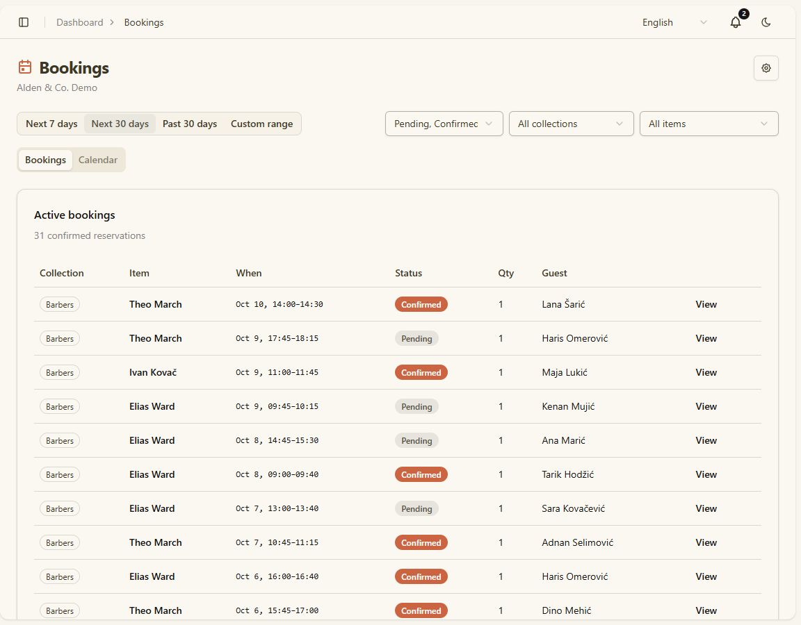 Bookings list