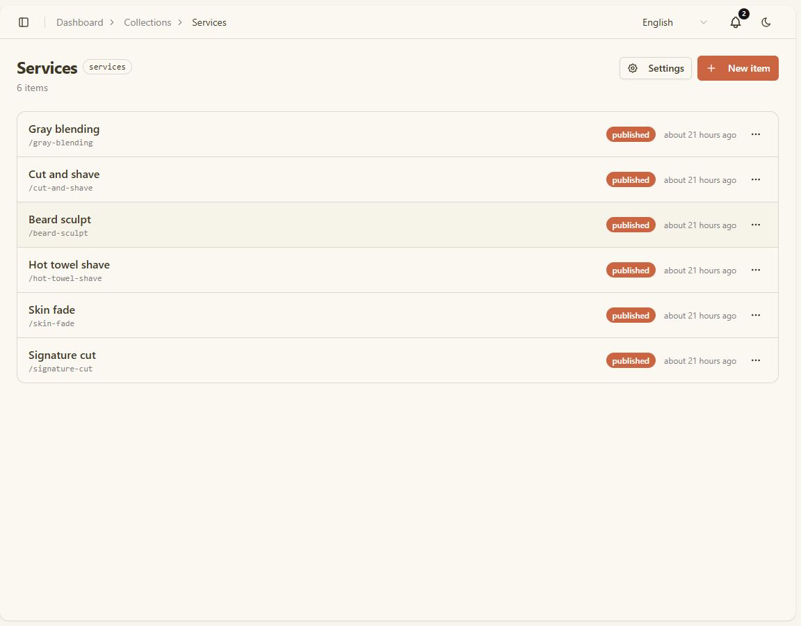 Services list in the dashboard