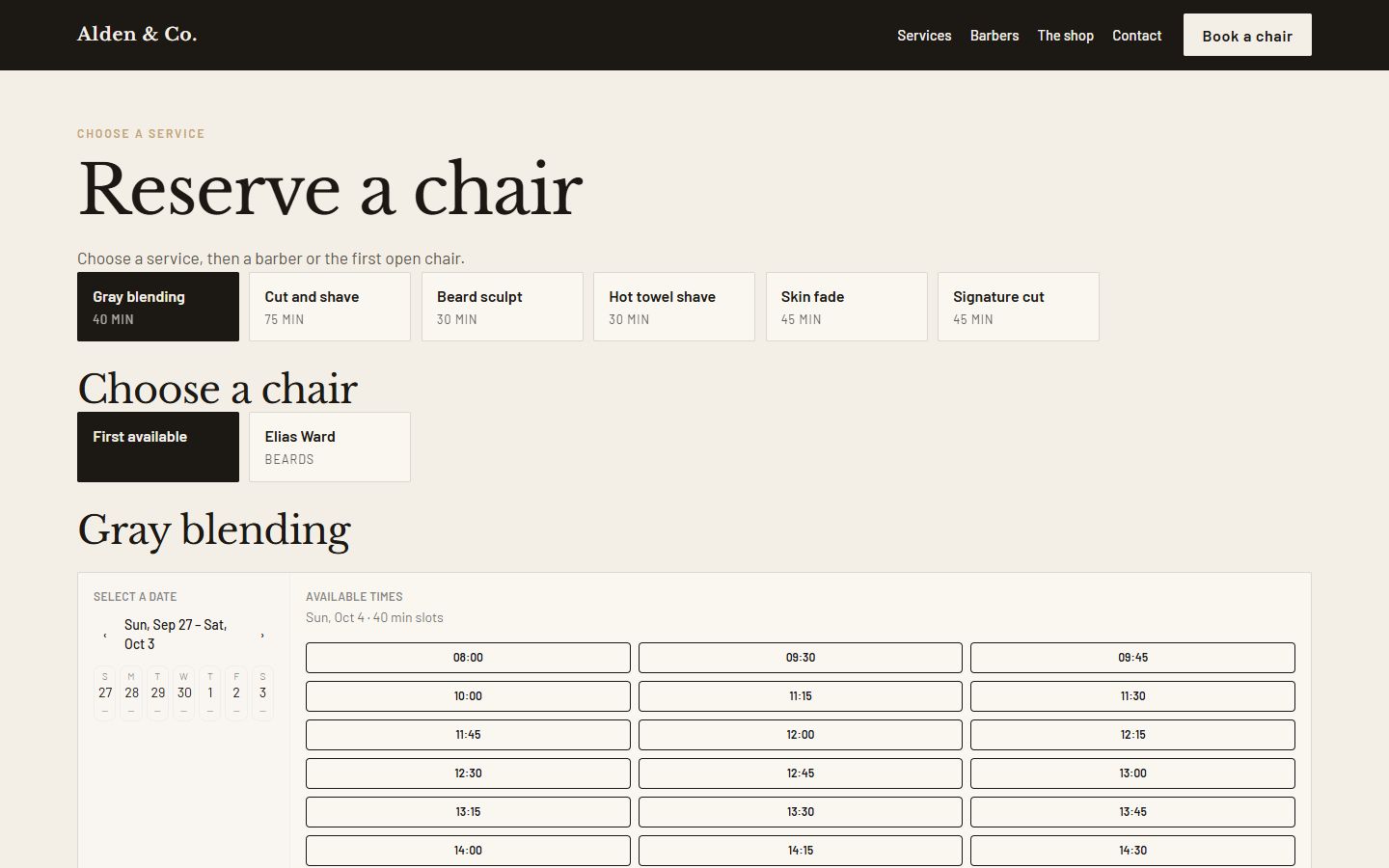 Booking page with services and barbers