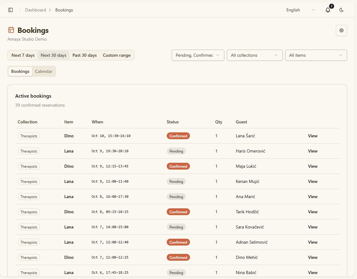 Bookings list