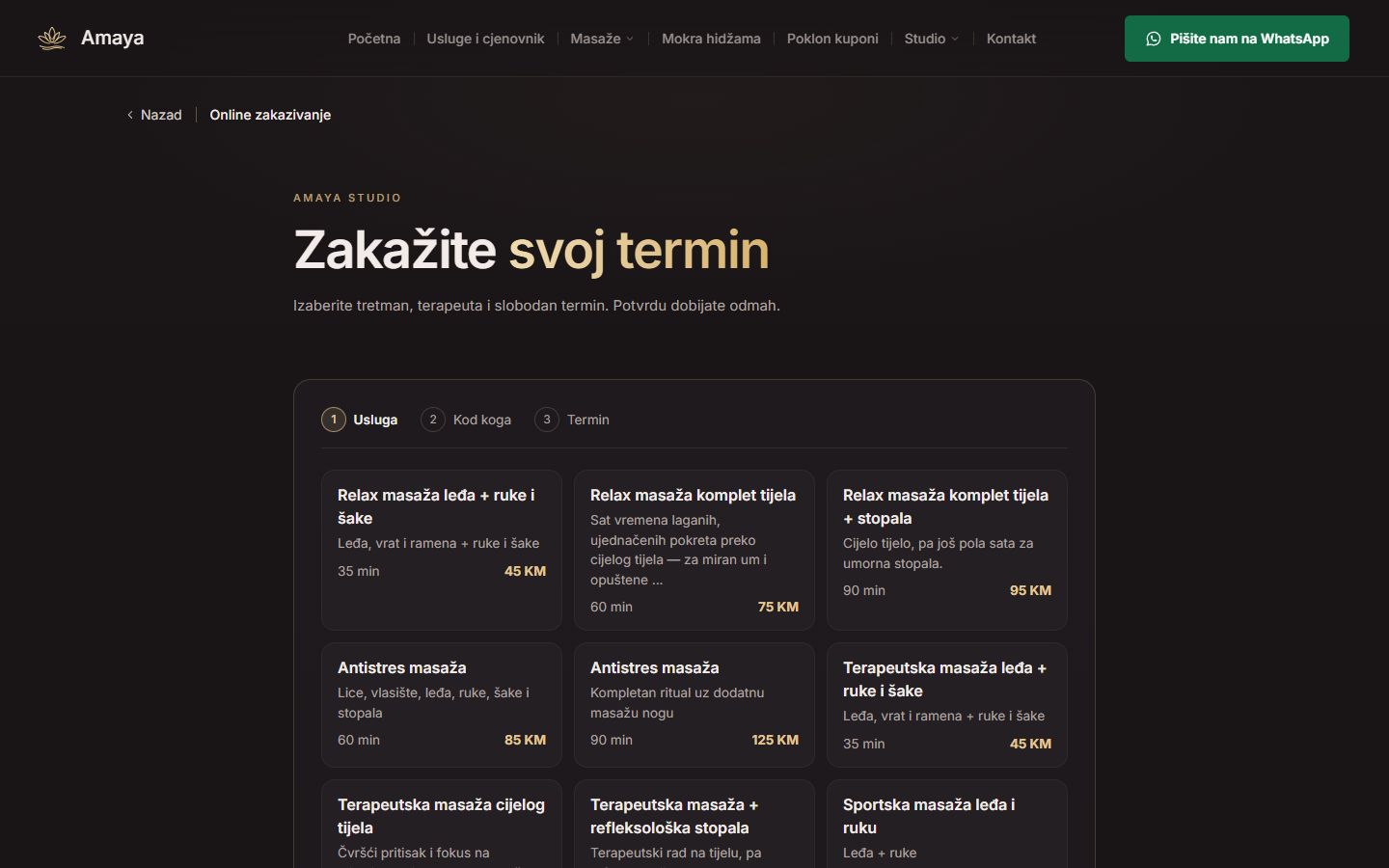 Booking page with treatments and prices