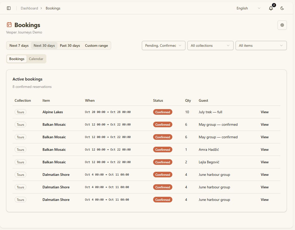 Bookings list