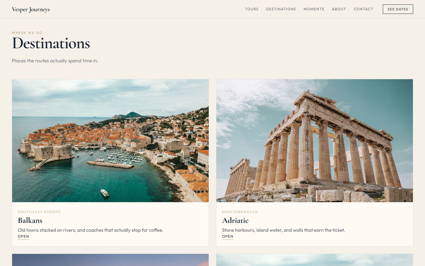 Destinations page