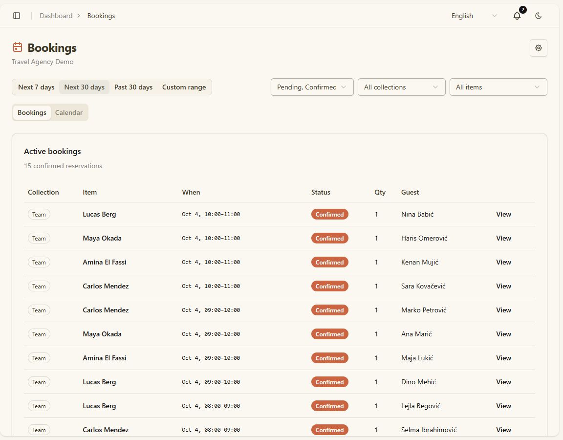 Bookings list