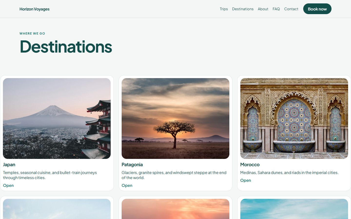 Destinations page